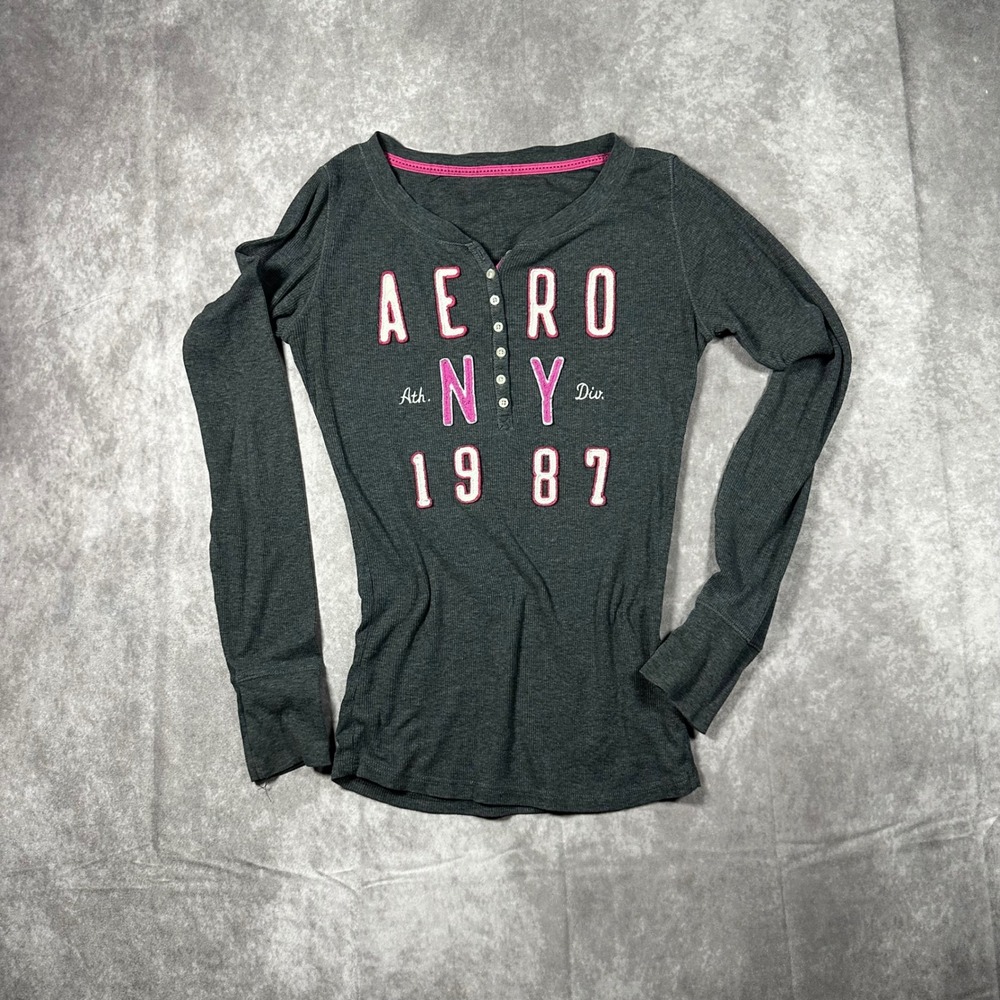 Aeropostale Womens S Grey Pink Thermal Henley NY 1987 Graphic Shirt Y2K 00s